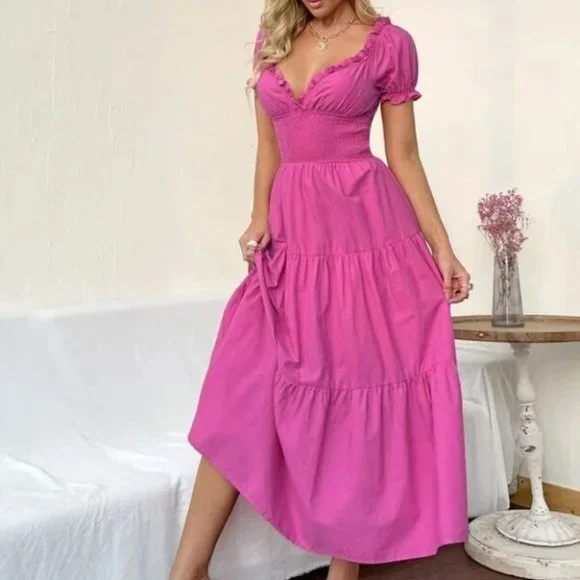 Pink Boho Off Shoulder Flounce Sleeve shabby chic Shirred cottagecore Max… - Picture 4 of 5